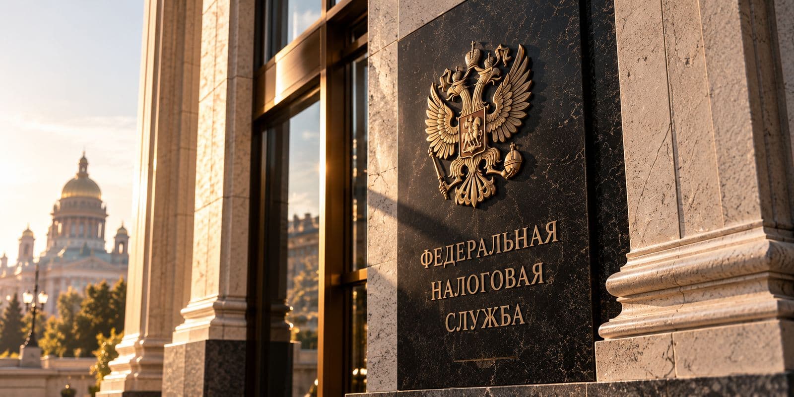 Фасад здания налоговой службы с гербом на тёмной мраморной табличке